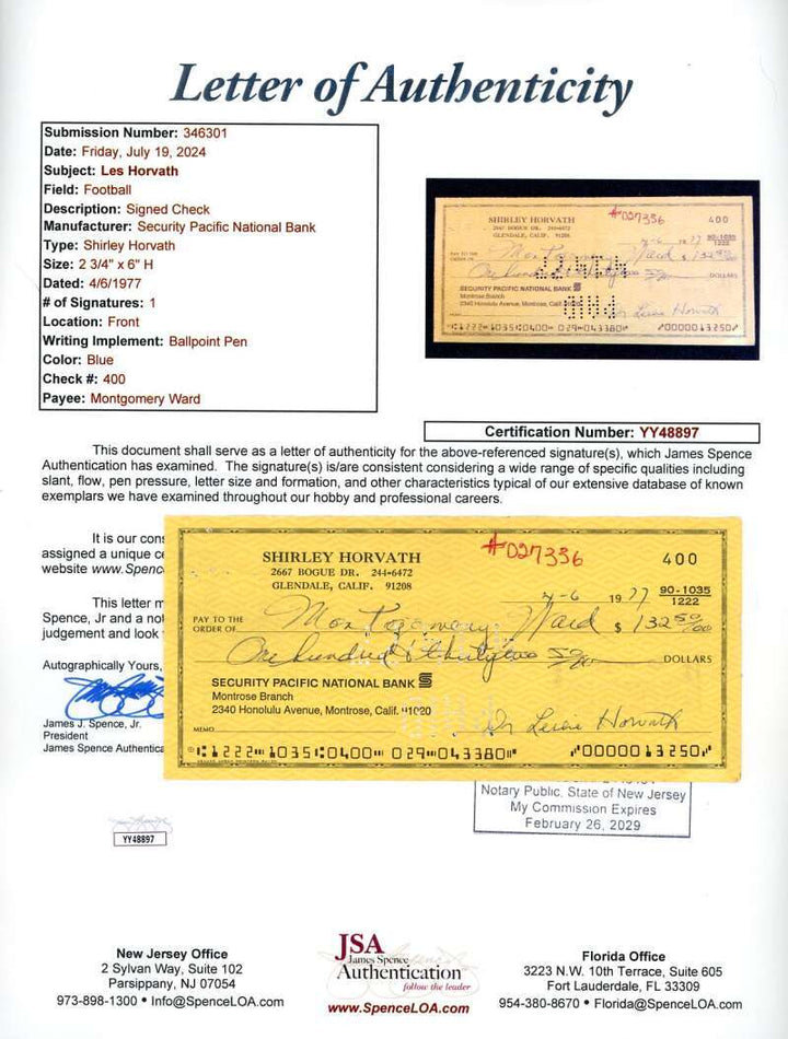 Les Horvath JSA Coa Autograph 1977 Personal Check Signed Heisman
