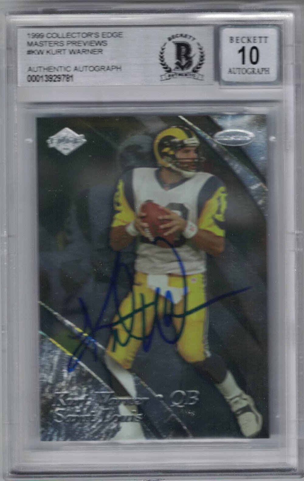 Kurt Warner Autographed 1999 Edge Preview KW Trading Card Beckett 10 Slab 36342
