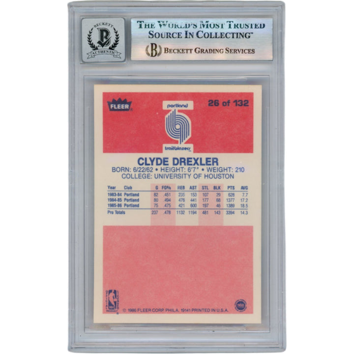 Clyde Drexler Autographed 1986 Fleer #26 Slabbed Trading Card Beckett 50632