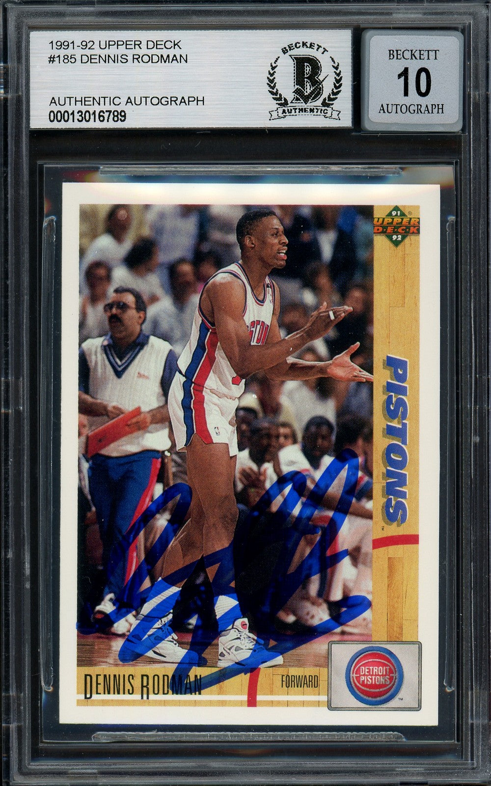 Dennis Rodman Signed 1991-92 Upper Deck Card 185 Pistons Auto GM 10 Beckett