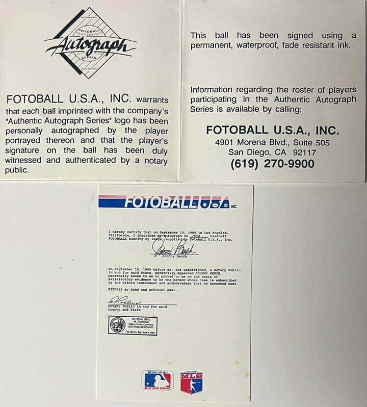Johnny Bench signed Fotoball USA MLB Baseball /500 - COA- Cincinnati Reds/HOF