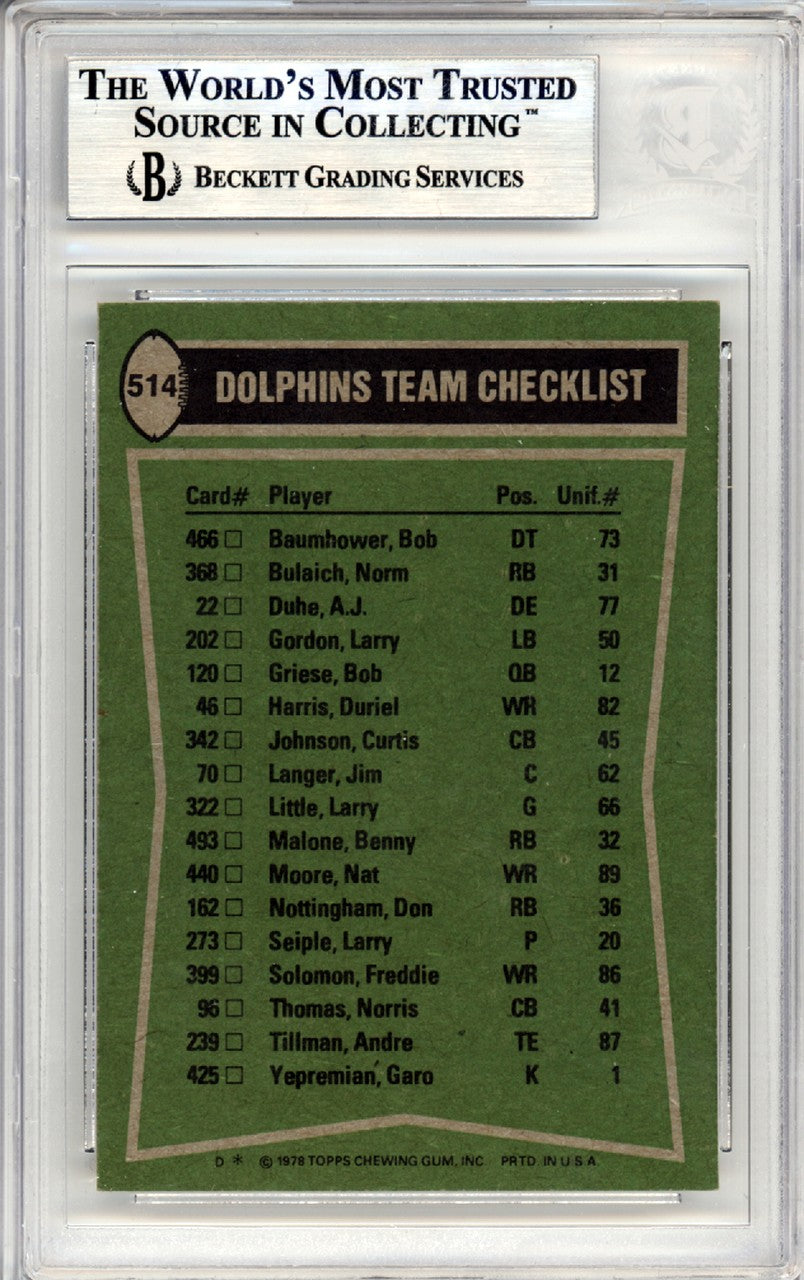 Joe Robbie Signed 1978 Topps Card 514 Dolphins Team Owner Beckett
