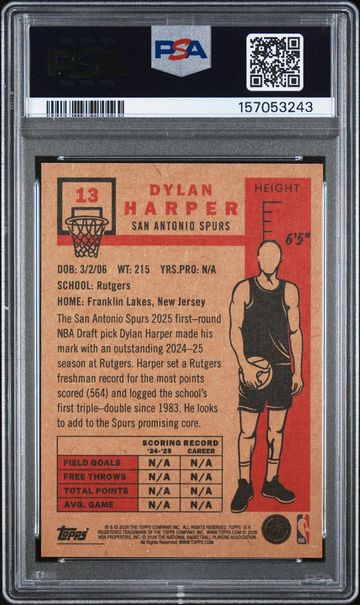 Graded 2026 Topps Living Dylan Harper #13 Rookie RC Card PSA 10