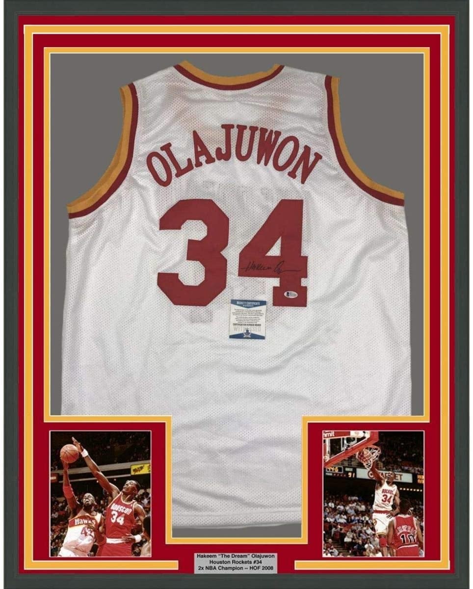 Framed Signed Hakeem Olajuwon 35x39 Houston White Jersey BAS COA