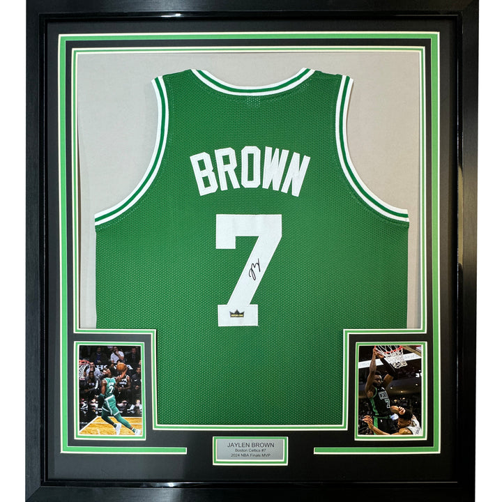 Framed Facsimile Autographed Jaylen Brown 33x42 Green Reprint Laser Auto Jersey