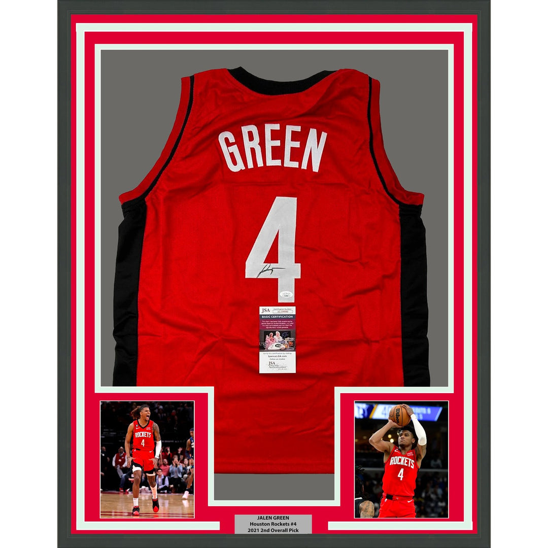 Framed Autographed/Signed Jalen Green 35x39 #4 Houston Red Jersey JSA COA