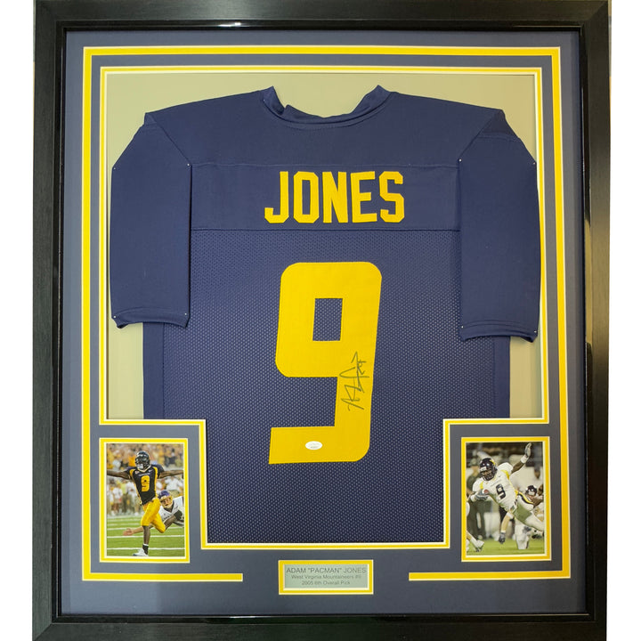 Framed Autographed/Signed Adam Pacman Jones 33x42 Blue College Jersey JSA COA
