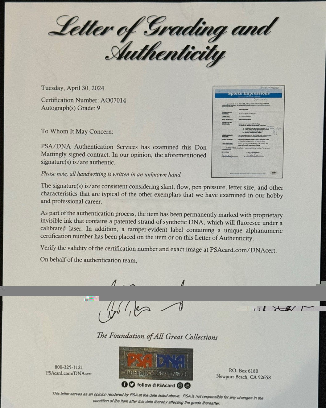 Don Mattingly signed Yankees Original Contract Sports Impressions 1/1 Psa 9 Loa
