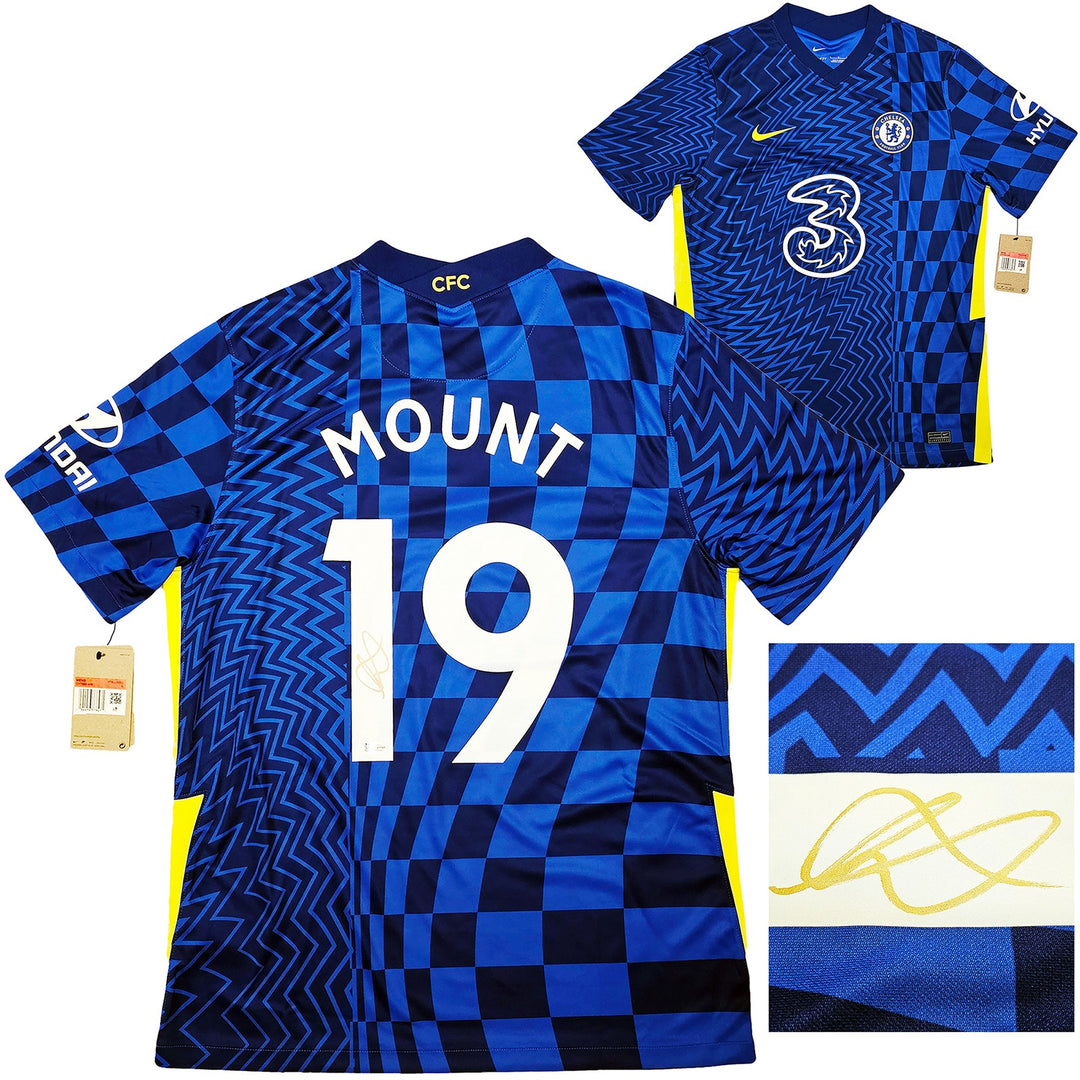 Chelsea F.C. Mason Mount Signed Blue Nike Jersey Size L in Gold Beckett