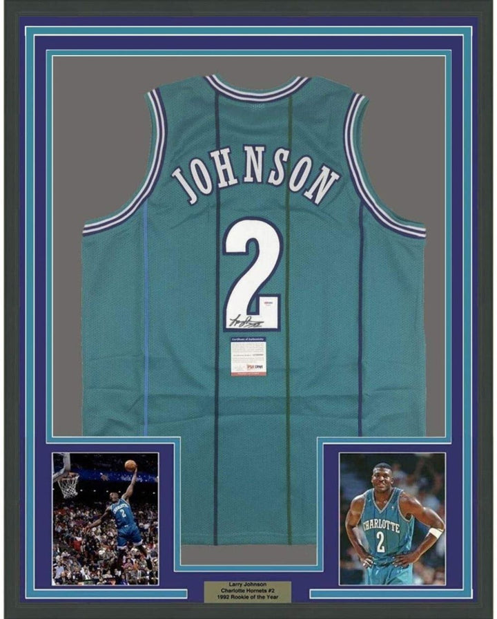 FRAMED Autographed/Signed LARRY JOHNSON 33x42 Charlotte Teal Jersey PSA/DNA COA
