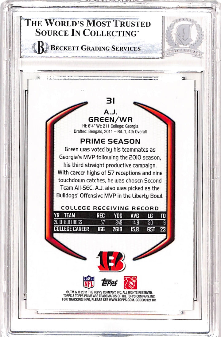 AJ Green Autographed/Signed 2011 Topps Prime #31 Card Beckett 39076