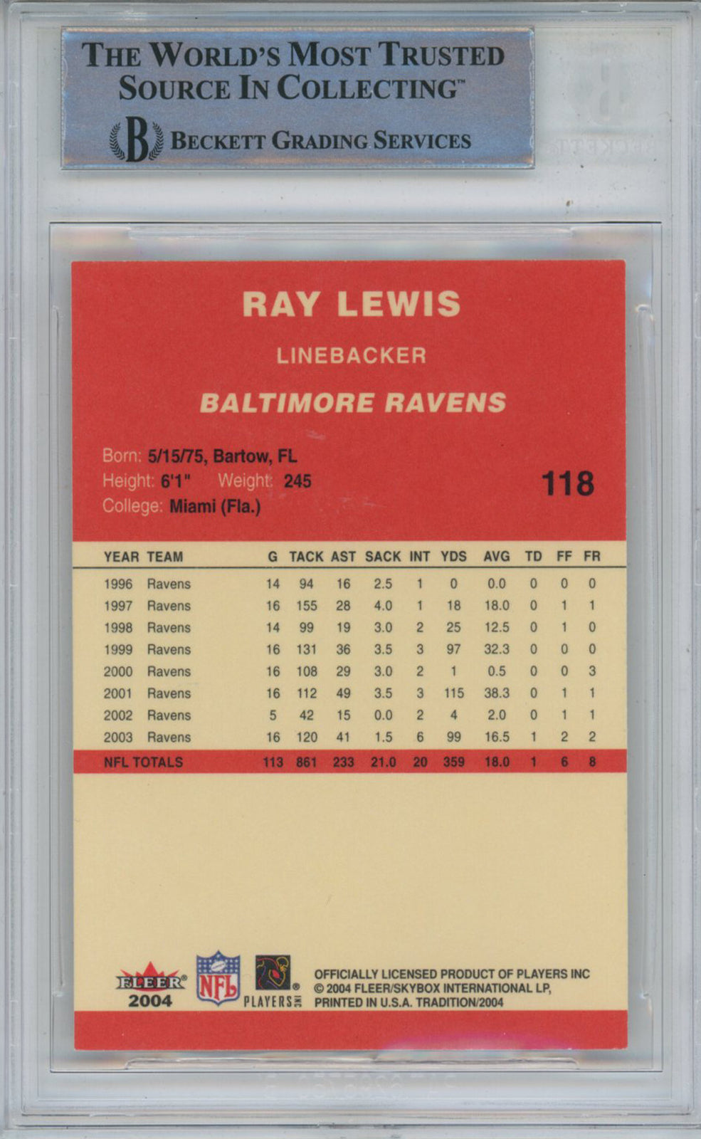 Ray Lewis Autographed 2004 Fleer Tradition #118 Trading Card Beckett Slab 43359