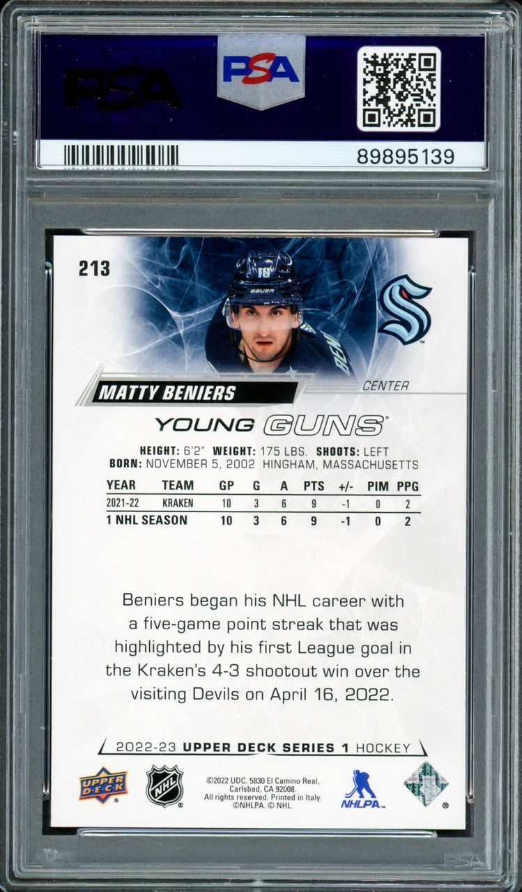 Matty Beniers Auto 2022 Upper Deck Young Guns RC #213 Kraken PSA 9 Sig GM 10