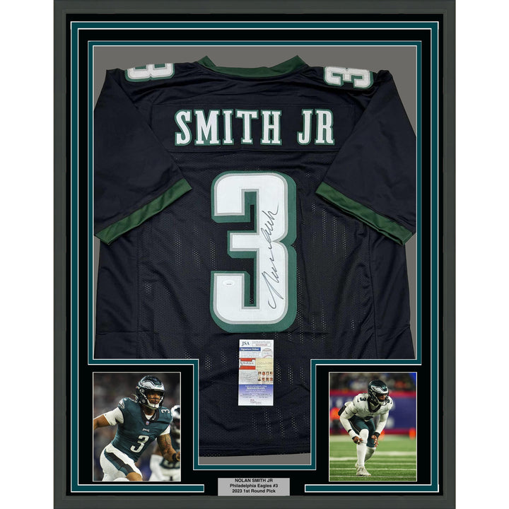 Framed Autographed/Signed Nolan Smith Jr 35x39 Philadelphia Black Jersey JSA COA