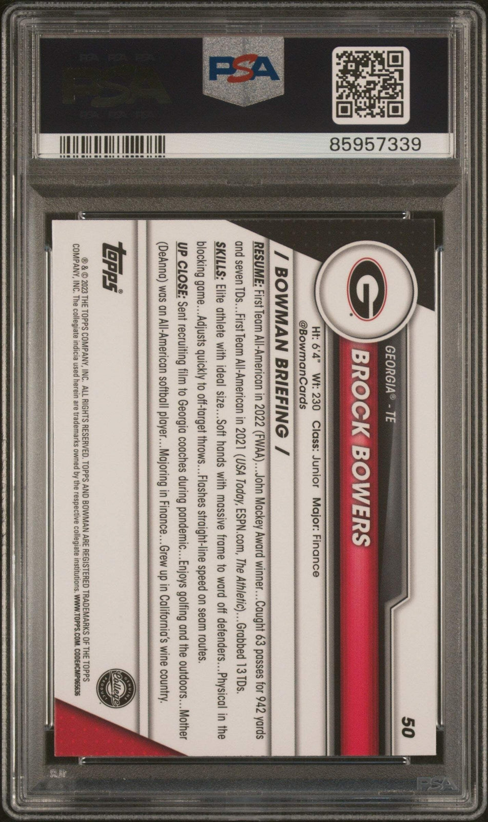 Graded 2023 Topps Bowman U Chrome Brock Bowers #50 Rookie Football Card PSA 10