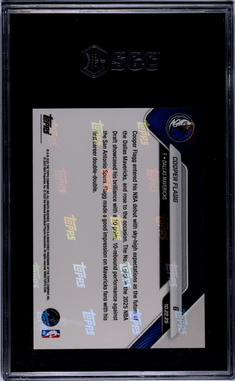 Graded 2025 Topps Now Cooper Flagg #6 Rookie RC Card SGC 9.5 Mint+
