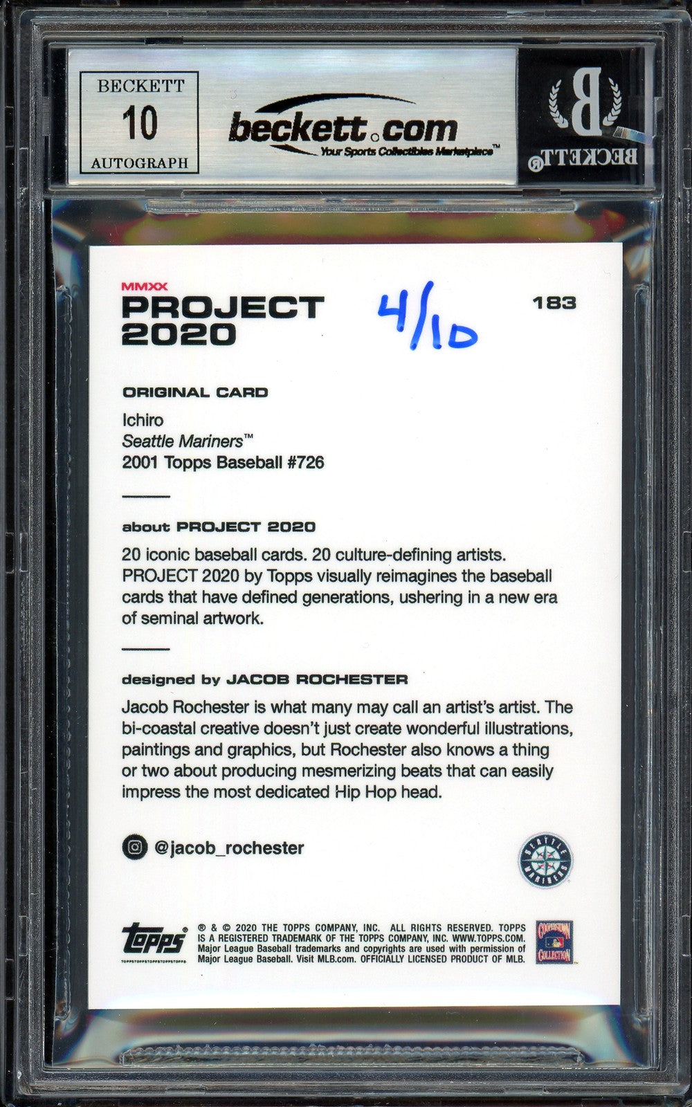 Ichiro Suzuki Auto Topps Project 2020 Jacob Rochester Card 183 Sig 10 /10 BAS