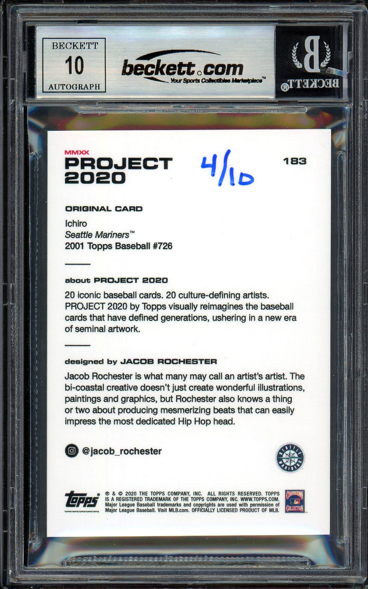 Ichiro Suzuki Auto Topps Project 2020 Jacob Rochester Card 183 Sig 10 /10 BAS