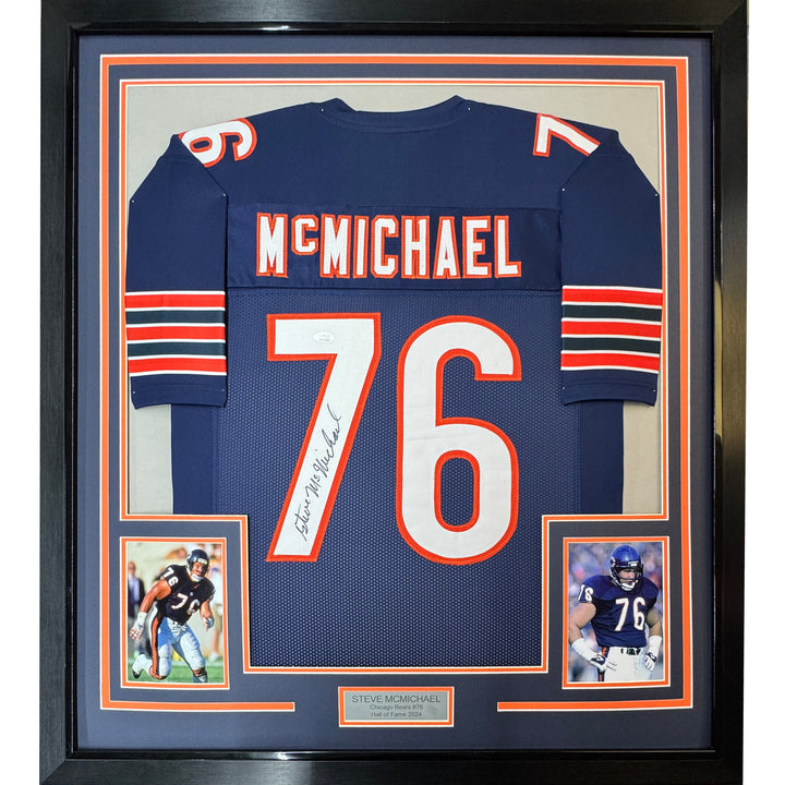 Framed Autographed/Signed Steve McMichael 35x39 Chicago Blue Jersey JSA COA