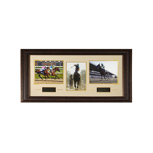 American Pharoah Victor Espinoza 3 Photo Leather Framed 41x19- TRIPLE CROWN