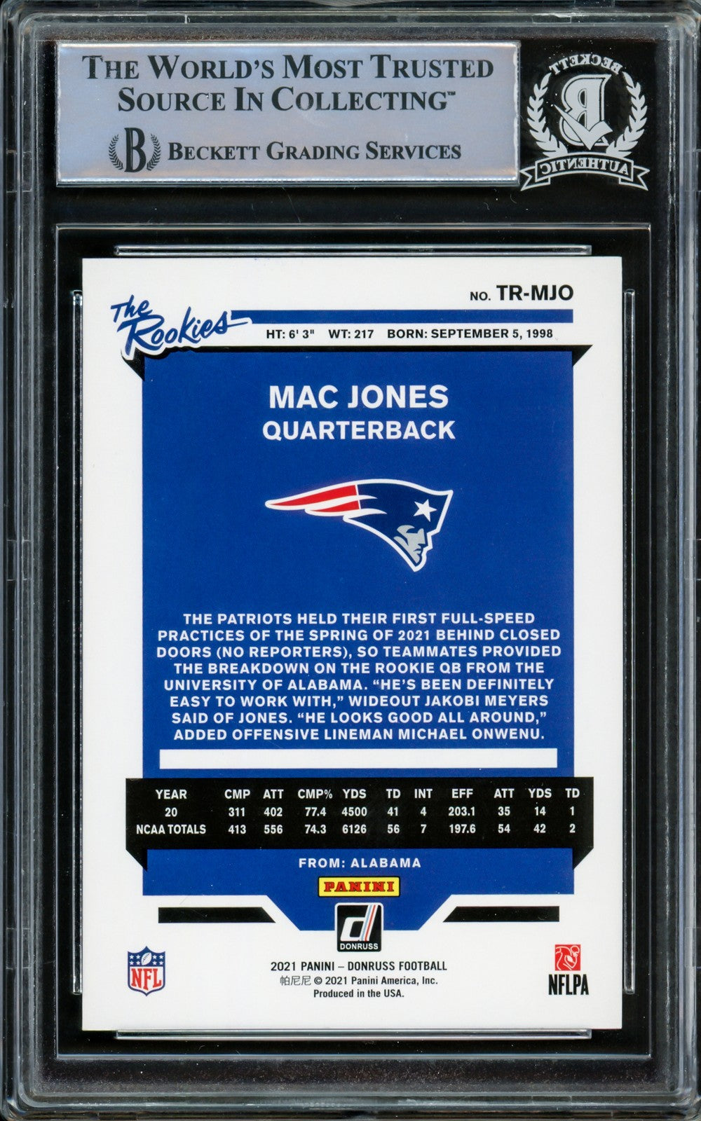 Mac Jones Auto Signed 2021 Panini Donruss The Rookies RC TR-MJO Patriots Beckett