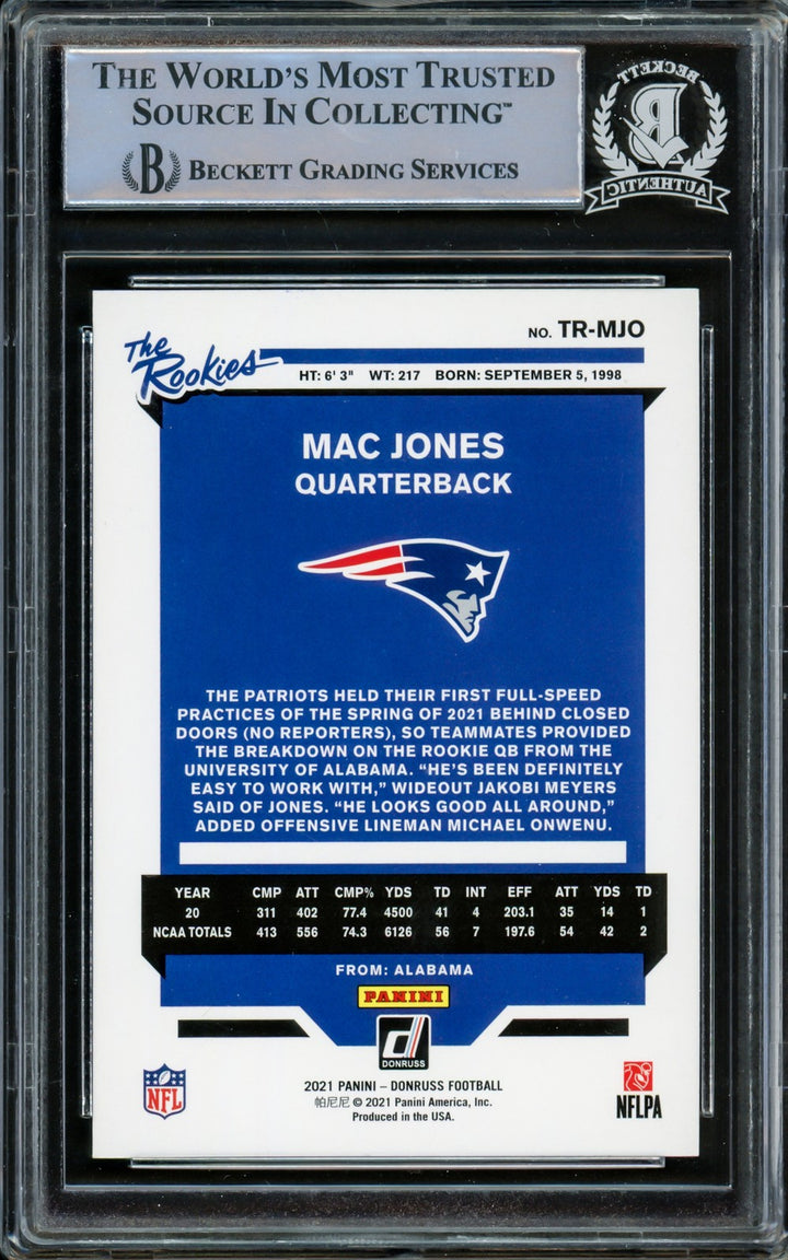 Mac Jones Auto Signed 2021 Panini Donruss The Rookies RC TR-MJO Patriots Beckett