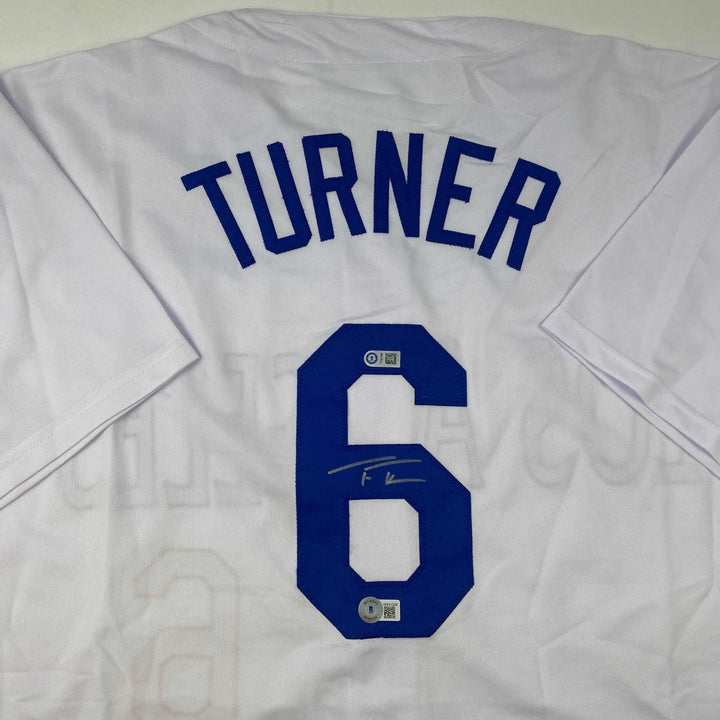 Autographed/Signed Trea Turner Los Angeles LA White Jersey Beckett BAS COA