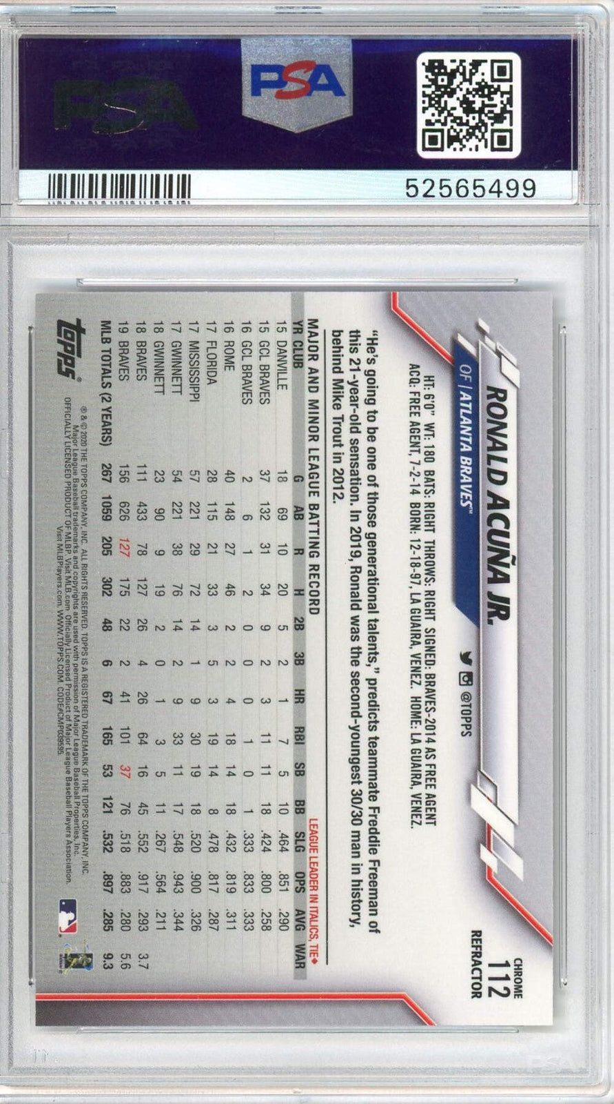 Graded 2020 Topps Chrome Ronald Acuna #112 Sepia Refractor Baseball Card PSA 10