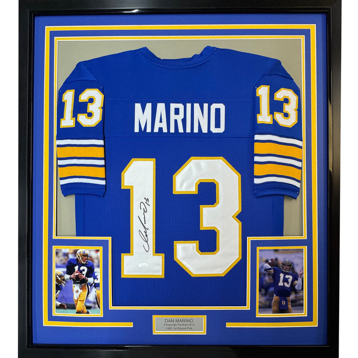 Framed Autographed/Signed Dan Marino 35x39 Blue College Jersey JSA COA