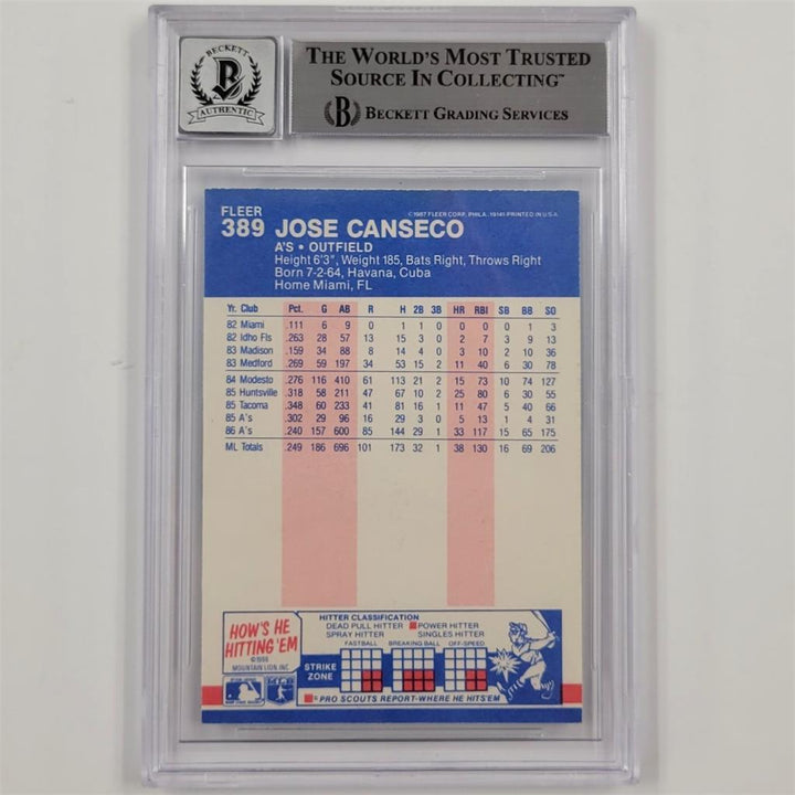 Jose Canseco signed 1987 Fleer #389 card autograph 862 ~ Beckett BAS 10 auto