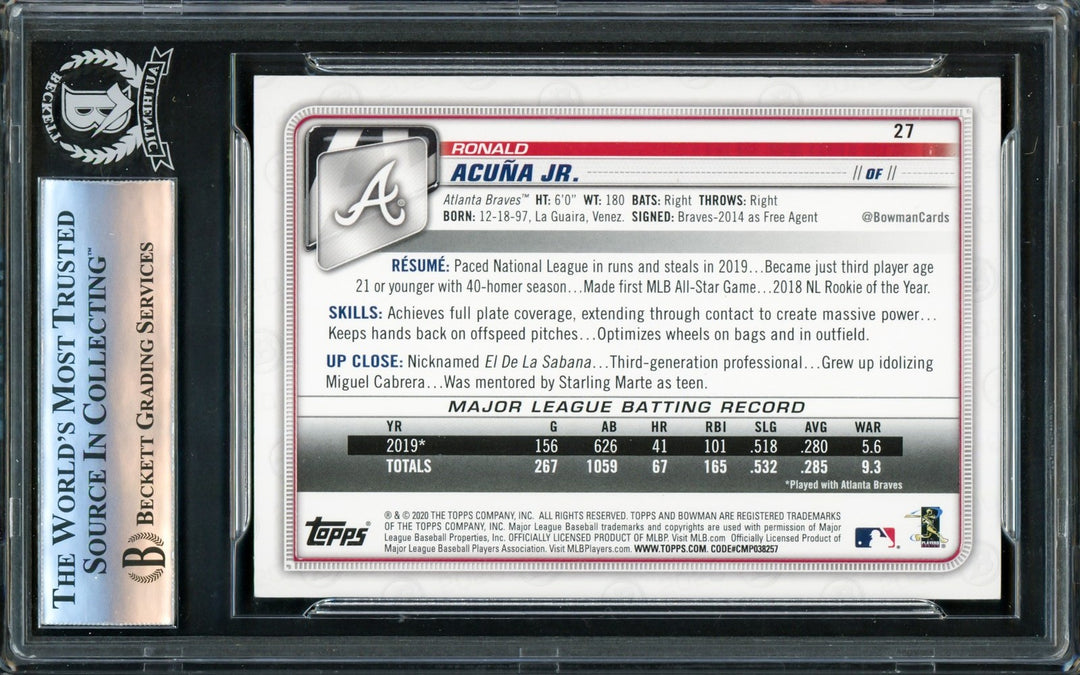 Ronald Acuna Jr. Signed 2020 Bowman Card #27 Atlanta Braves Beckett #16175136