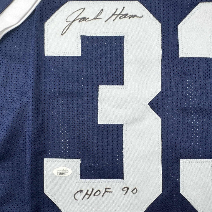 Framed Autographed/Signed Jack Ham 33x42 CHOF 90 Penn State Blue Jersey JSA COA