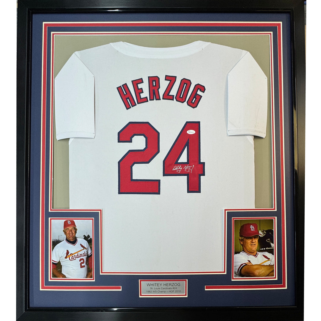 FRAMED Autographed/Signed WHITEY HERZOG 33x42 St. Louis White Jersey JSA COA
