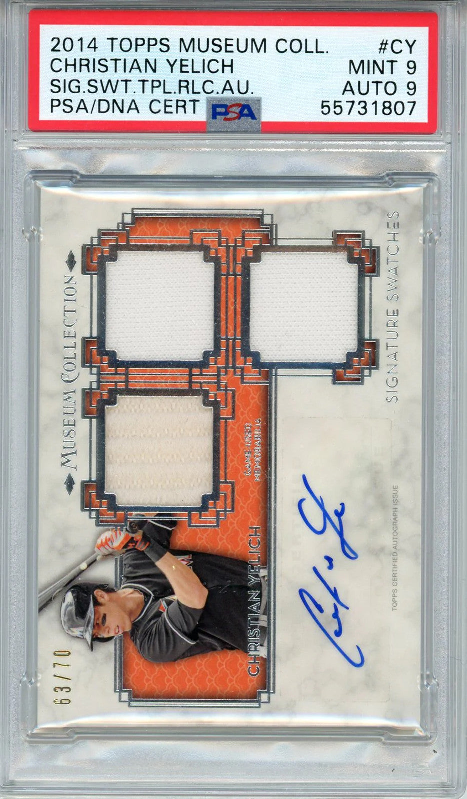 Christian Yelich Autographed 2014 Topps Museum Collection Triple Swatch Relic Ca