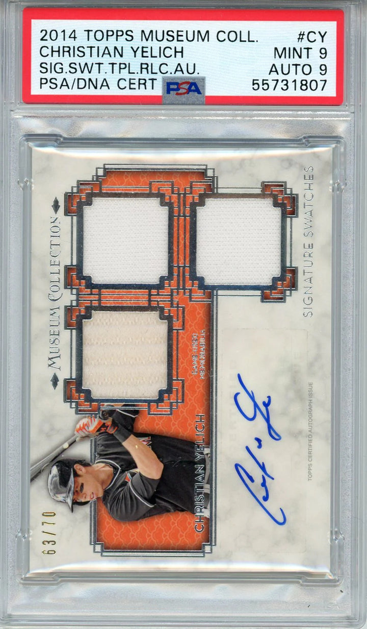 Christian Yelich Autographed 2014 Topps Museum Collection Triple Swatch Relic Ca