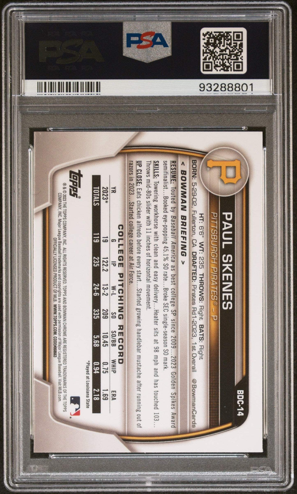 Graded 2023 Topps Bowman Draft Paul Skenes #BDC14 Chrome RC Baseball Card PSA 9