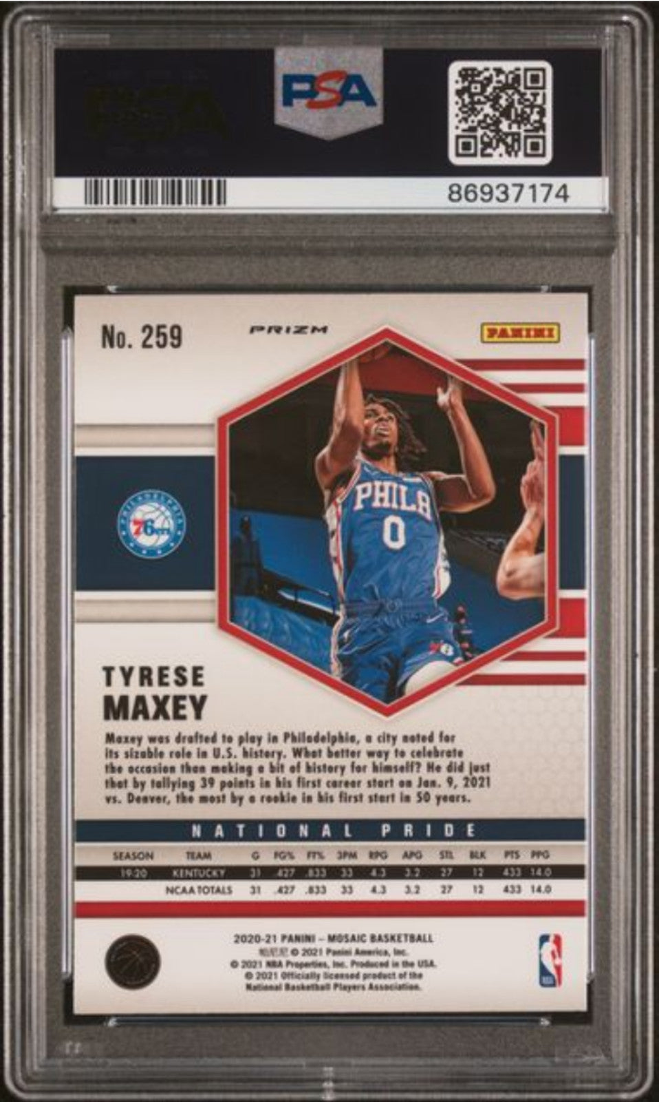 Graded 2020 Mosaic Tyrese Maxey #259 Reactive Red RC Basketball Card PSA 10