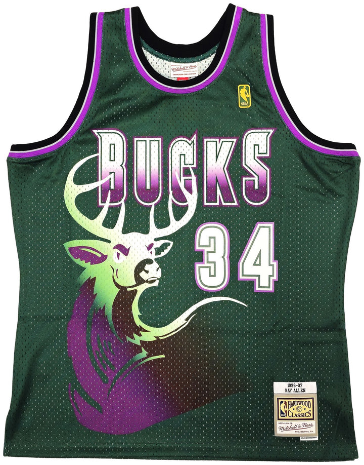 Bucks Ray Allen Auto Green Auth Mitchell Ness 96-97 Swingman Jersey XL BAS