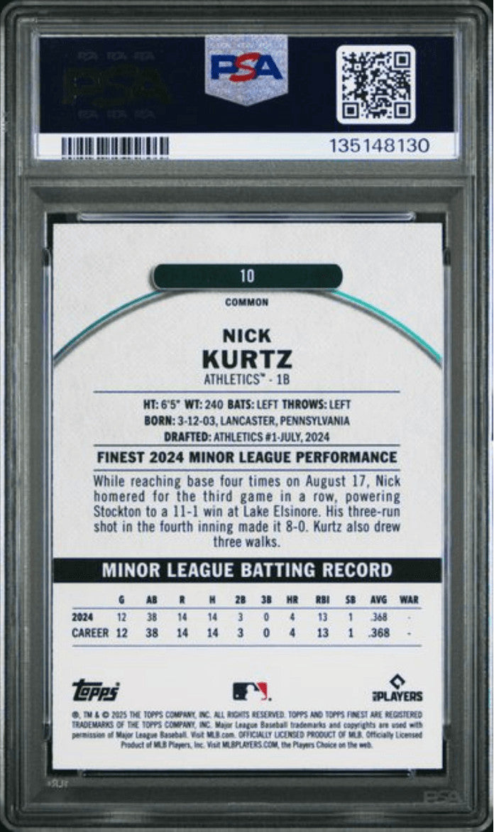 Graded 2025 Topps Finest Nick Kurtz #10 Rookie RC Card PSA 10 Gem Mint