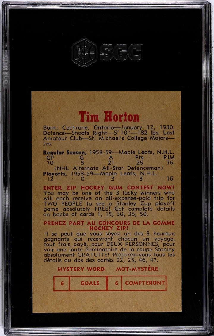 Tim Horton 1959-60 Parkhurst Card #23 - SGC Graded 6 EX-NM (Toronto Maple Leafs)