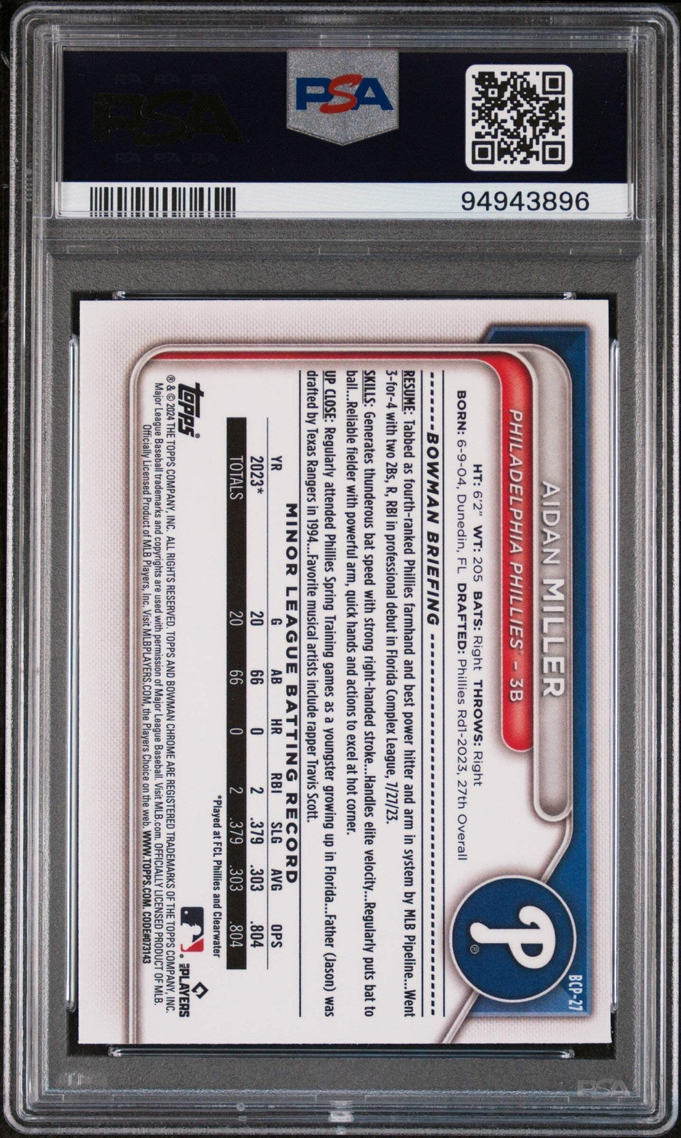 Graded 2024 Bowman Aidan Miller #BCP27 Chrome Prospects RC Baseball Card PSA 10