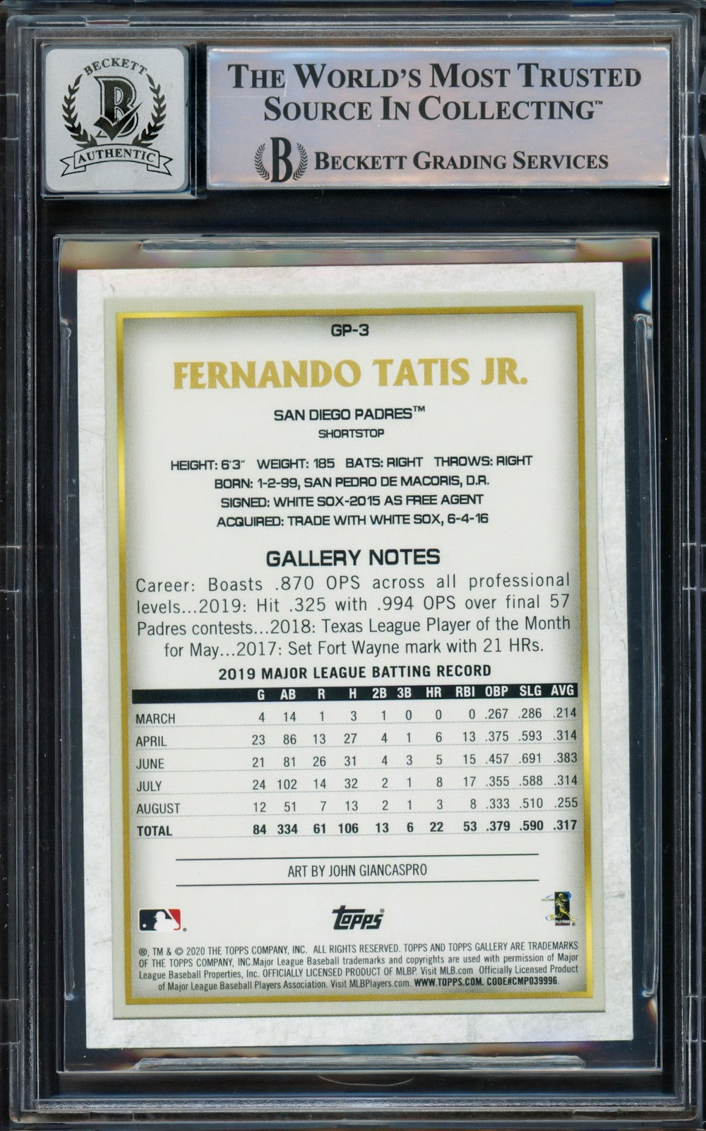 Fernando Tatis Jr Auto 2020 Topps Gallery National BB Card Day Card GP-3 Sig 10