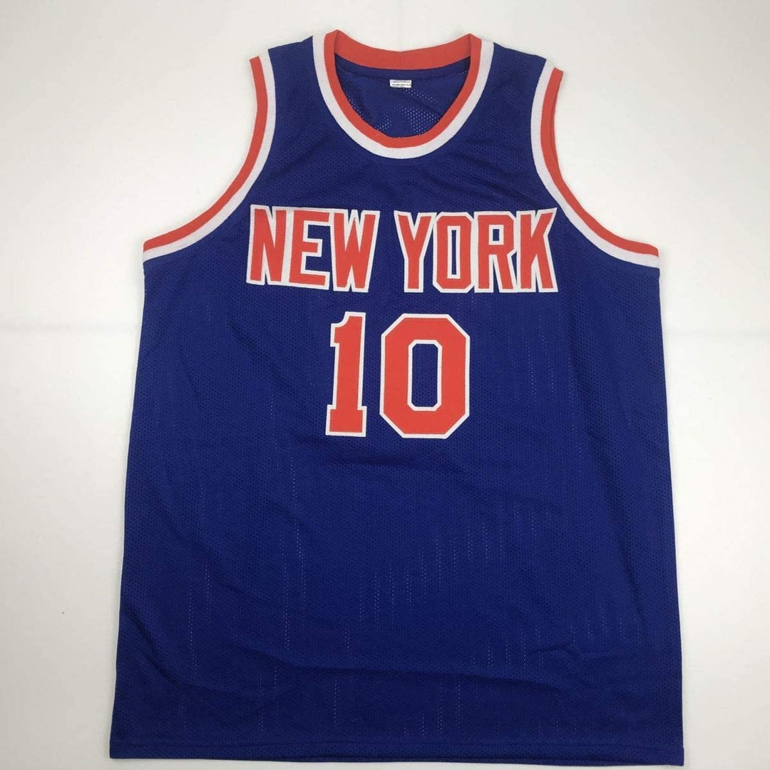 Autographed/Signed WALT FRAZIER New York Blue Jersey PSA/DNA COA Auto