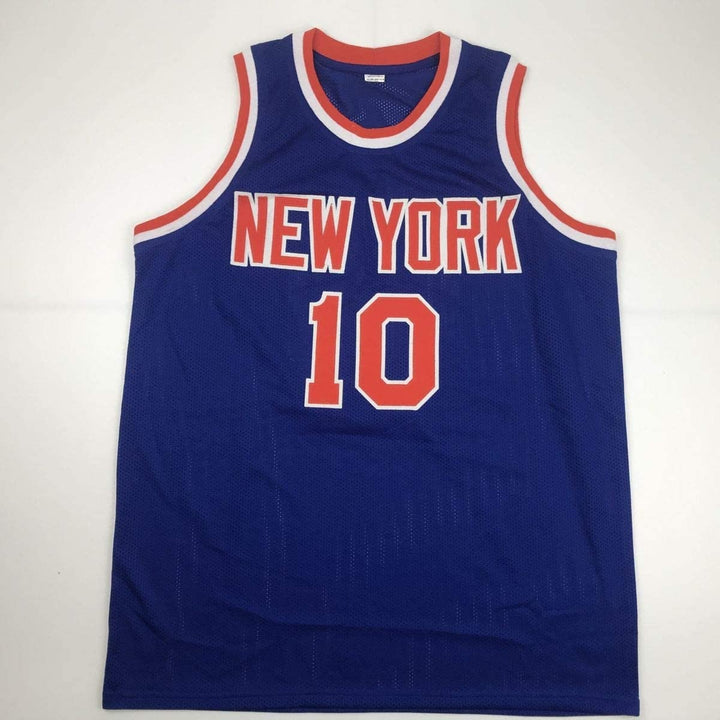 Autographed/Signed WALT FRAZIER New York Blue Jersey PSA/DNA COA Auto