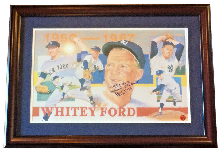 Whitey Ford Yankees signed 14x22 artwork framed auto ins HOF 74 + Chairman COA