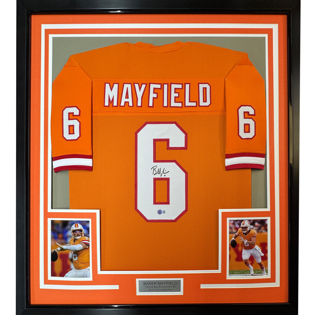 Framed Autographed/Signed Baker Mayfield 35x39 Tampa Bay Orange Jersey BAS COA