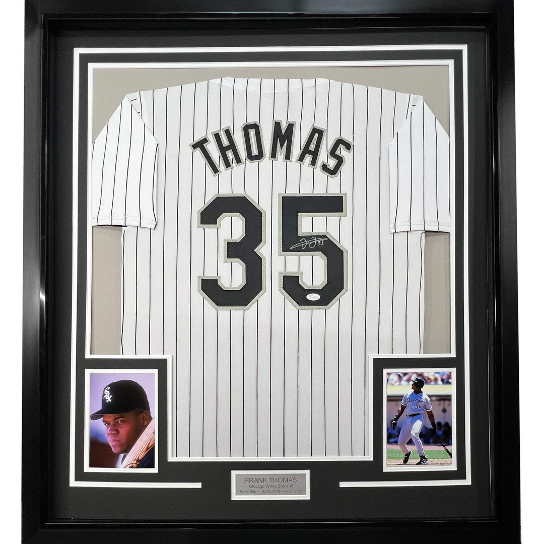 Framed Autographed/Signed Frank Thomas 33x42 Chicago Pinstripe Jersey JSA COA