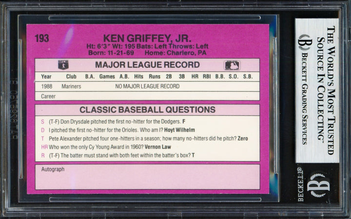 Ken Griffey Jr. Signed 1989 Classic Travel RC 193 Seattle Mariners Beckett