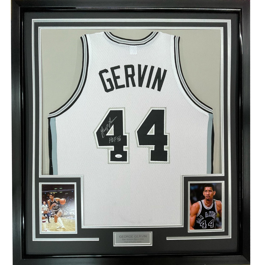 FRAMED Autographed/Signed GEORGE GERVIN 33x42 HOF 96 White Jersey JSA COA