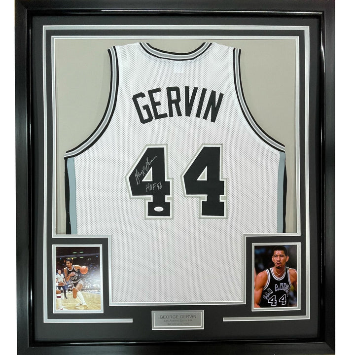 FRAMED Autographed/Signed GEORGE GERVIN 33x42 HOF 96 White Jersey JSA COA